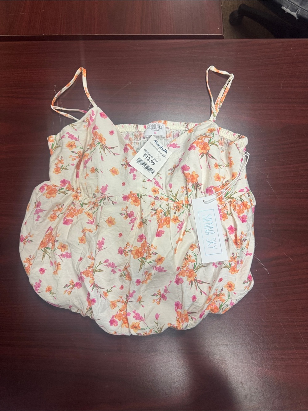 Linen-Blend Floral Bubble Cami Top — White with Pink & Orange Flowers NWT